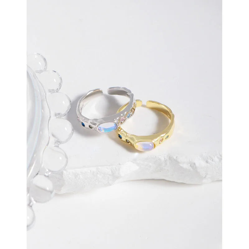 Wholesale 925 Sterling Silver Moonlight Oval Round Stone Colorful Zircon Wedding Rings for Girls Fine Jewelry