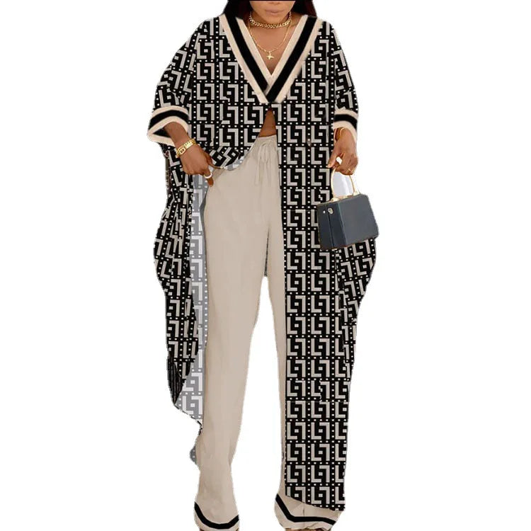 V-neck Shirt Blouse Pants Two Piece Set Women Clothing Loose Printed Long Sleeve Lady Casual Summer Sets for Women Clothing