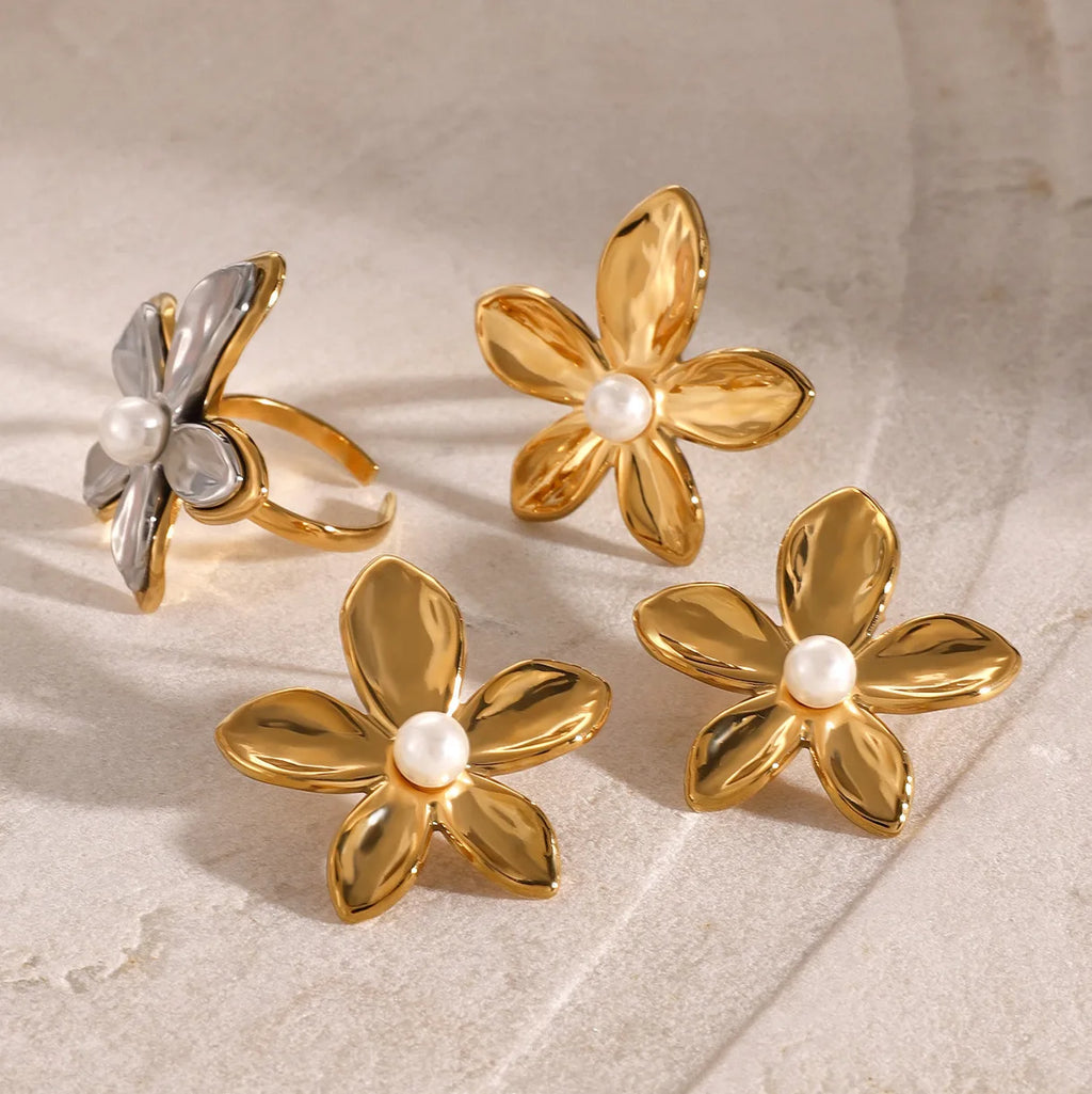 New Fashion Jewelry Stainless Steel Earring 18K Gold Plated Silver Flower Rings Chunky Pearl Flowers Stud Earrings