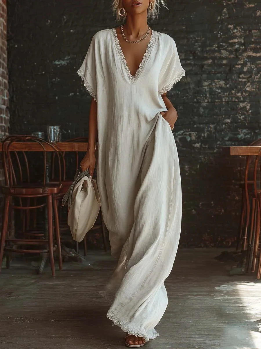 Large-size European Casual Elegant Comfortable Straight Summer Solid Natural Waist Worsted Lace-edge Loose Floor-Length Dress