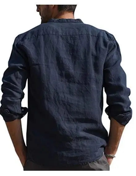 Men's Cotton Linen Casual Long Sleeve T-Shirt Plus Size Stand Collar Streetwear for Autumn Vacation & Fishing Pocket Detail