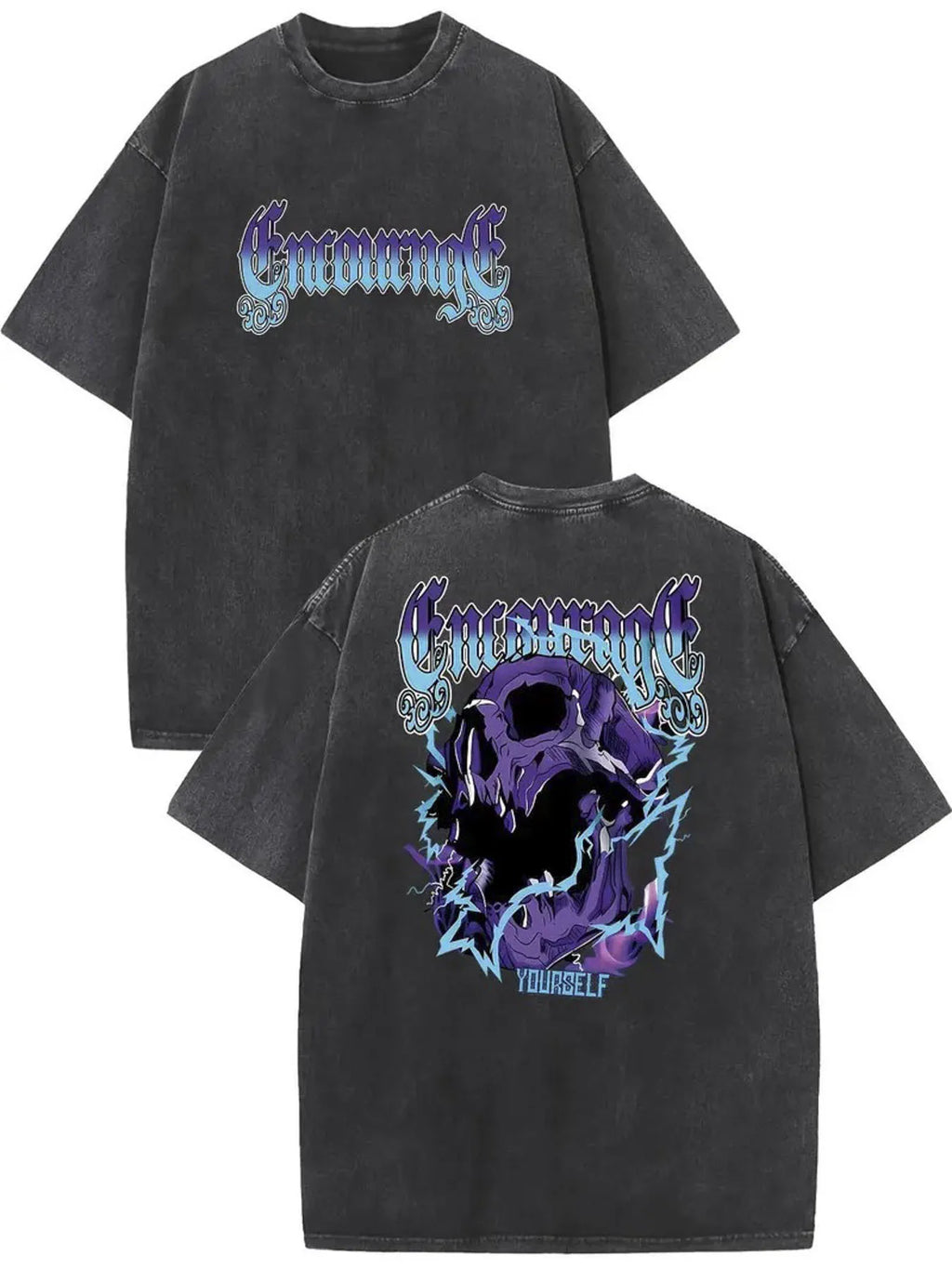 Vintage Washed Oversized Purple Skull Lightning Streetwear T-shirt Retro Casual Cotton Tee US Stock