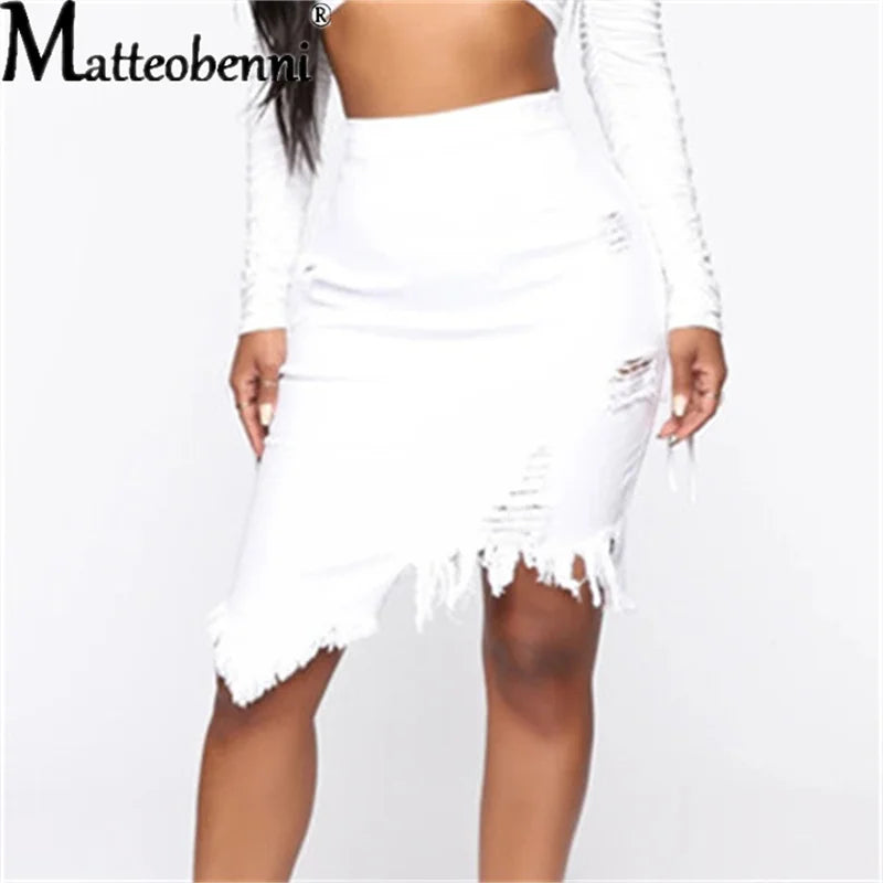 New Summer Sexy Ripped Denim Skirt Women Fashion Hollow Out Casual Hole Tassel Mini Skirt Irregular Basic Pocket Jeans Skirt
