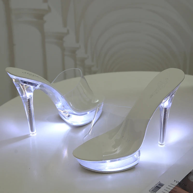 Fashion Summer Led Lights Sandals Women Clear Transparent Party Thin High Heels Platform Shoes Female Luminous Slippers WS308