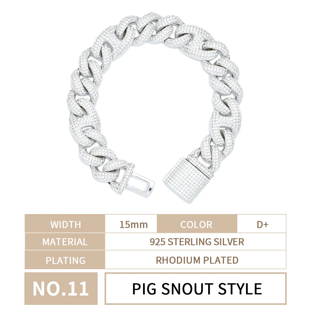 Custom Luxury 12 16 20 mm Full Iced Out Hiphop Moissanite Diamond Miami Silver Cuban Link Chain Bracelet in Silver 925 for Men