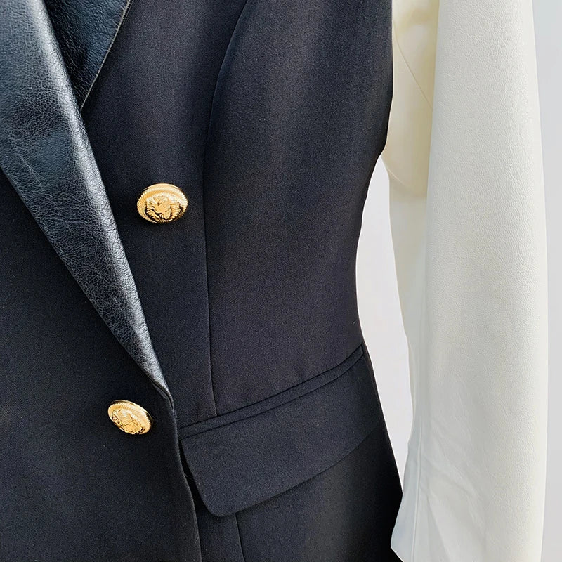 HIGH STREET New Fashion 2026 Classic Varsity Jacket Women's Lion Buttons Double Breasted Leather Sleeve Patchwork Blazer
