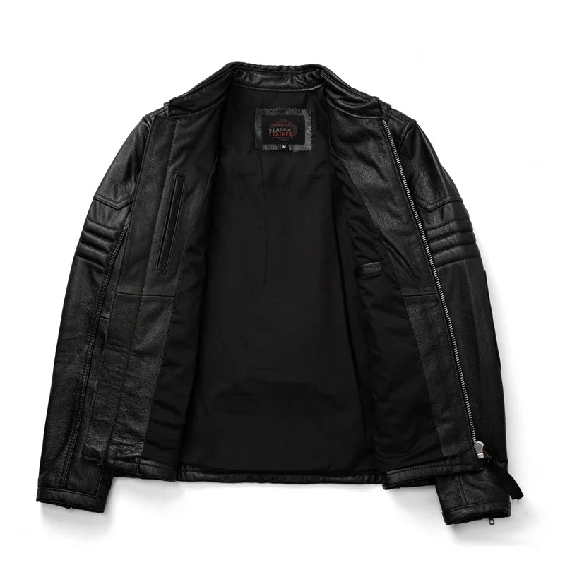 New Motorcycle Causal Vintage Leather Coat Men Autumn Outfit Fashion Biker Pocket Design Top Layer Cow Leather Jacket