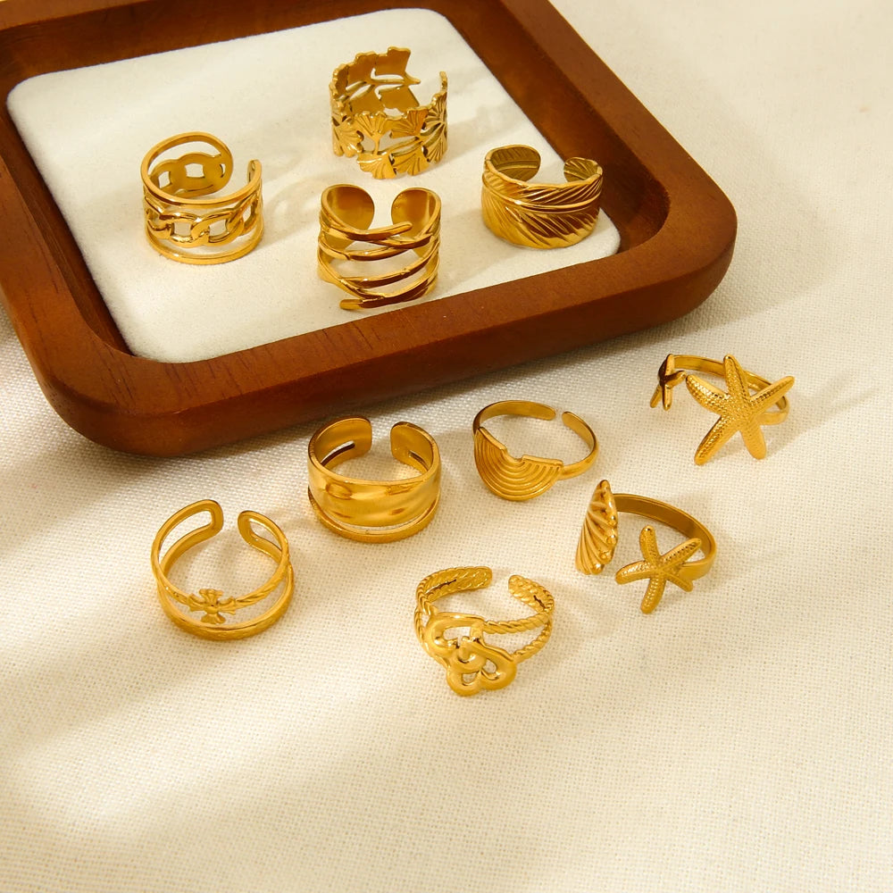 Geometric Jewelry 18K Gold Plated Finger Ring Stainless Steel Chain Starfish Ginkgo Leaf Layer Opening Stacking Rings Gift