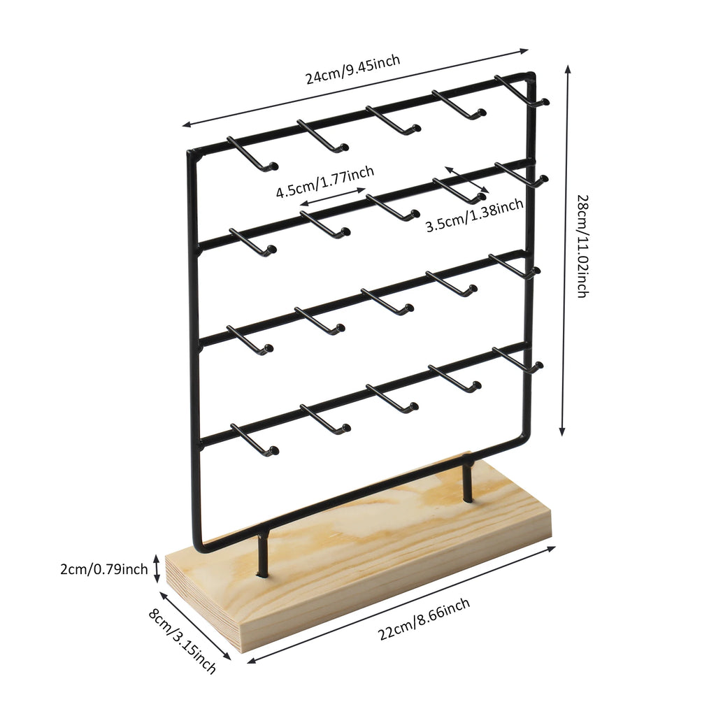 4 Tier 20 Hooks Earring Display Stands Jewelry Display Wooden Base Earring Holder Organizer for Necklaces Rings Bracelets Black