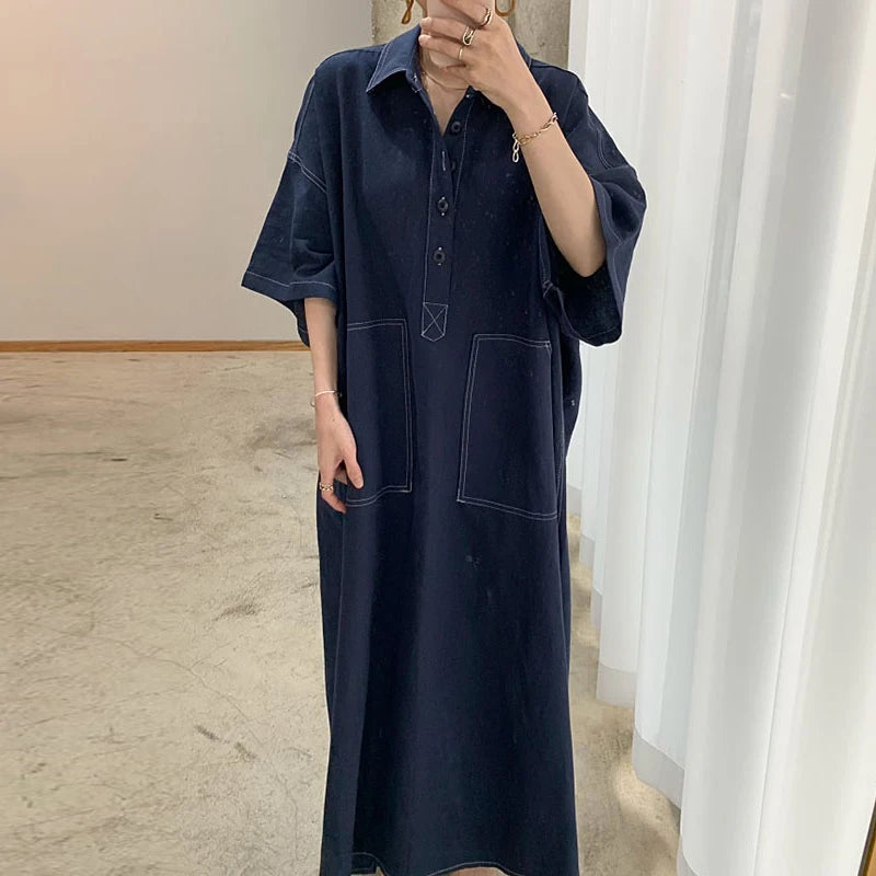 Wholesale 2026 Spring New Fashion Retro Classic Polo Collar Open Line Design Straight Loose Five-point Sleeve Denim Women Dress