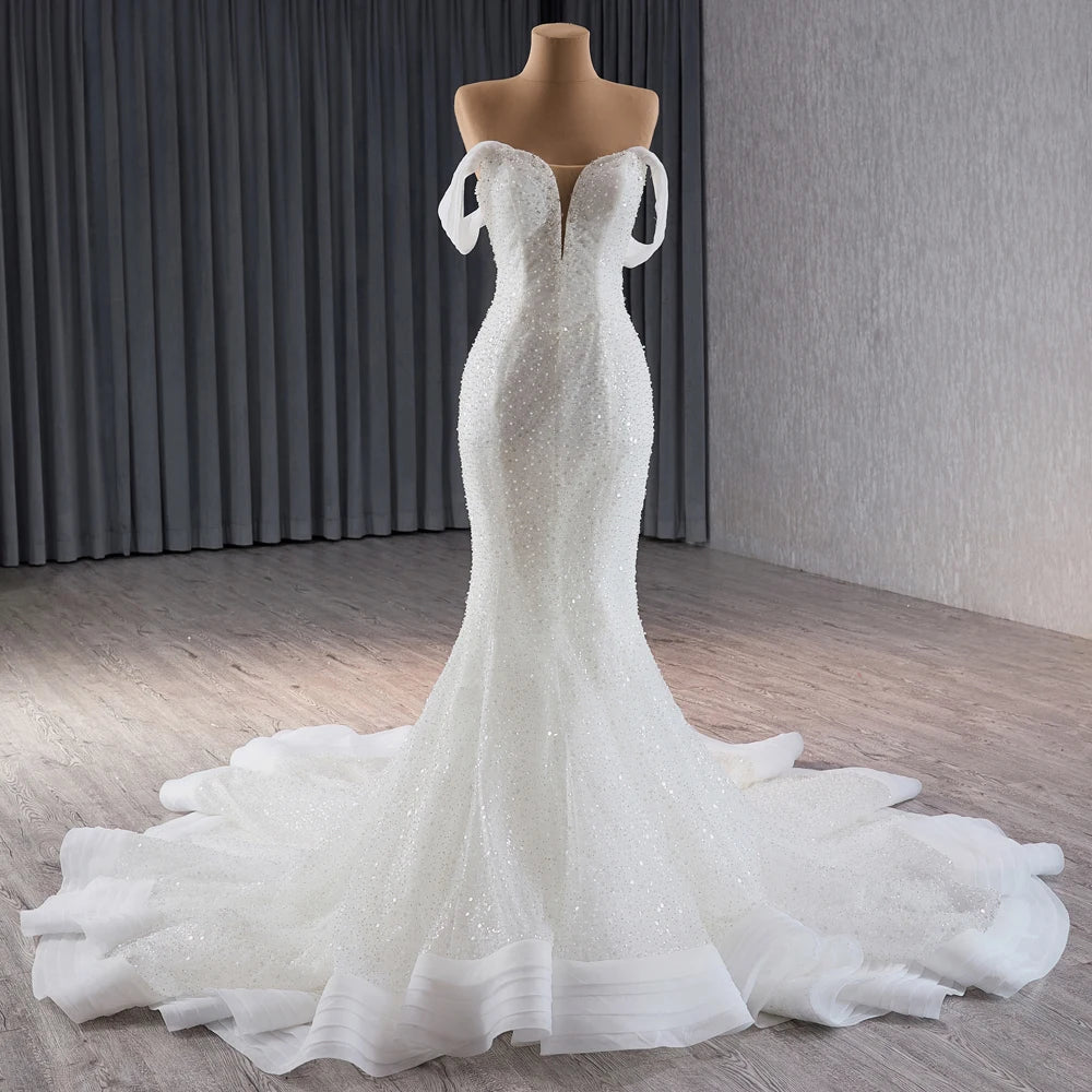 Jancember 241115 Beach Sweetheart Pearls Slim Mermaid Wedding Dress With Detachable Sleeve