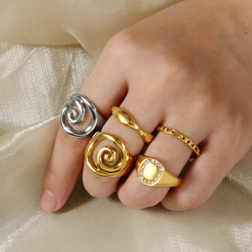 18K Gold Plated Stainless Steel Sea Series Rings Princess Cut Fashion Jewelry Waterproof Hypoallergenic for Wedding Engagement