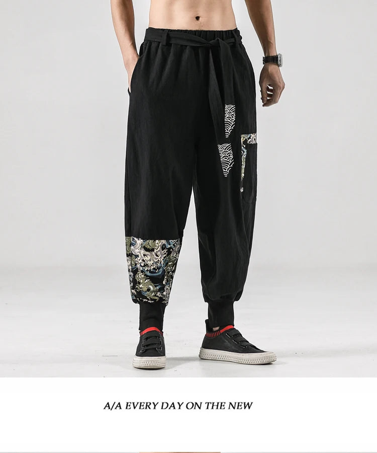 2024 Autumn Men Linen Harem Pants Mens Vintage Chinese Style Cotton Trousers Man Streetwear Pants Male Print Cross Crotch Pants