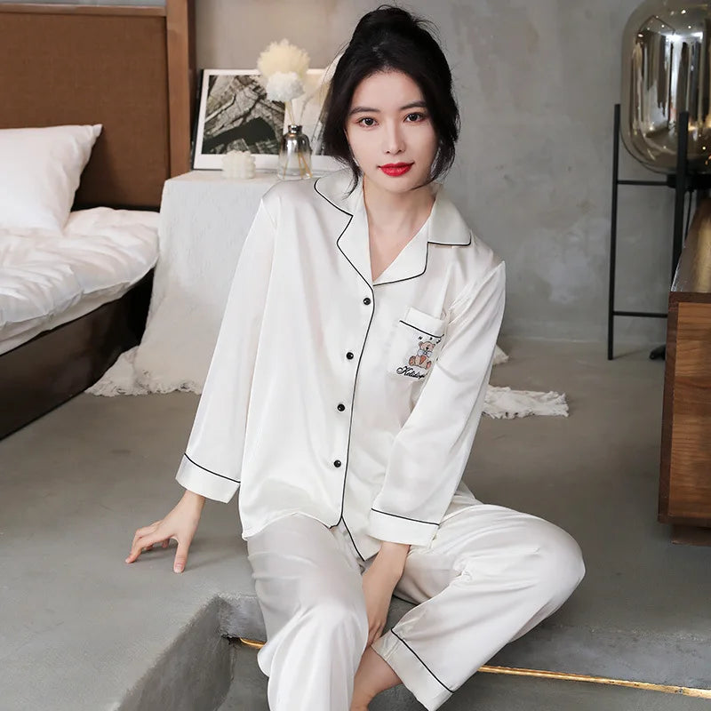 Manufacturer Wholesale Button Satin Winter Sleepwear Red Sexy Lace Nightdress Girls Pyjamas Set