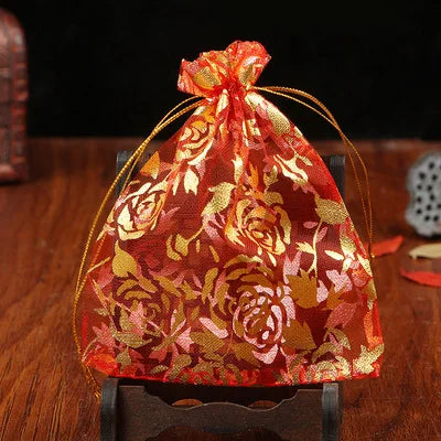 100pcs/lot 7x9 9x12 11x16 13x18cm Printing Roses Love Christmas Organza Bags Drawstring Gift Bag Charm Jewelry Packaging Bags