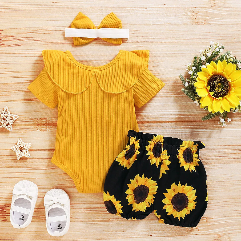 Lioraitiin 0-24M Newborn Infant Baby Girl Clothing Set Short Sleeve Yellow Solid Romper Top Sumflower Printed Shorts 3Pcs Outfit