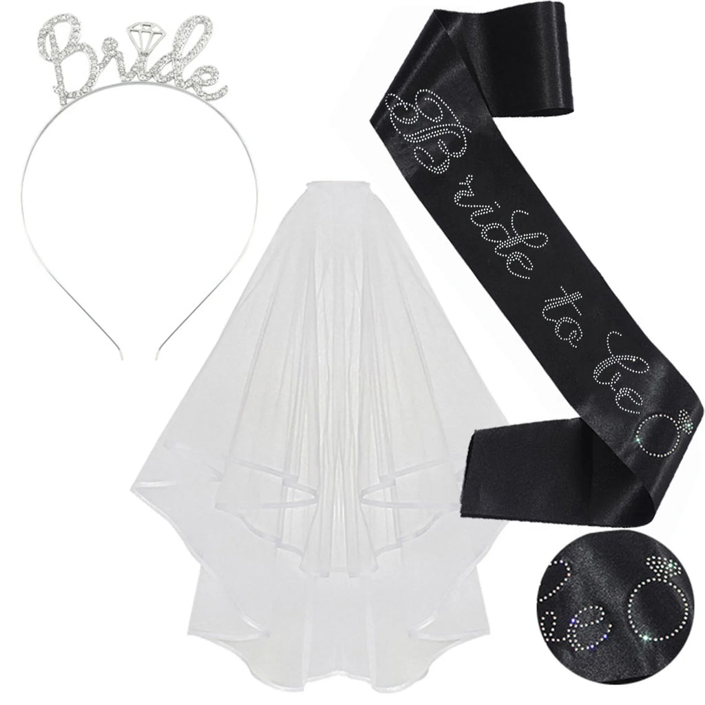 3-piece Set Bride to Be Crown Headband Shoulder Strap Wedding Veil Set for Bridal Shower WB007