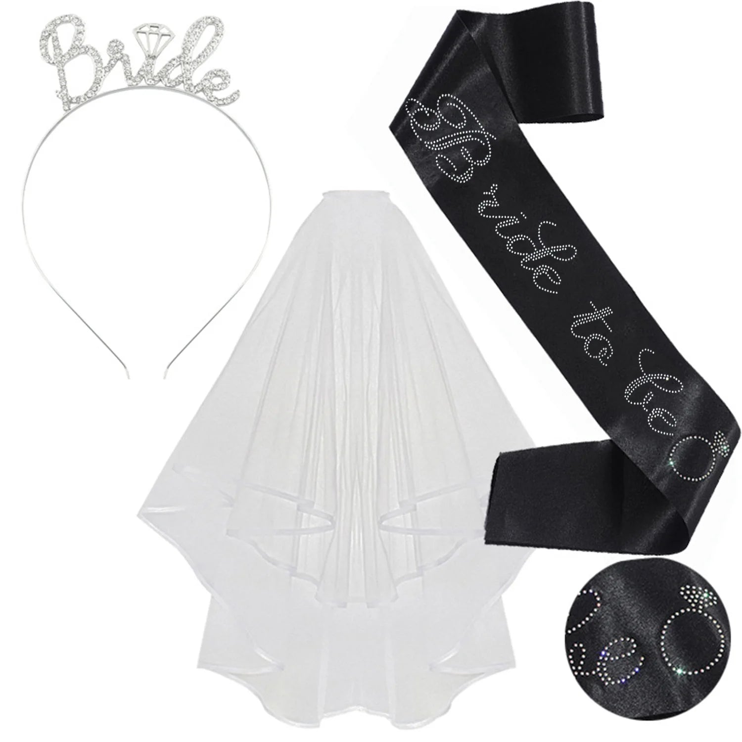 3-piece Set Bride to Be Crown Headband Shoulder Strap Wedding Veil Set for Bridal Shower WB007