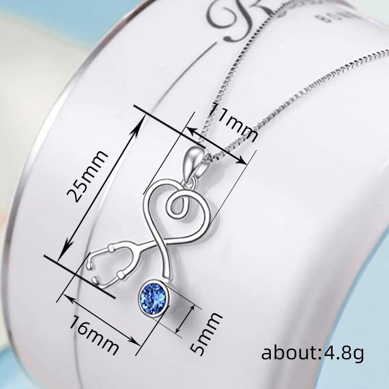 White Gold Classic Bezel Set Stethoscope Heart Pendant Blue Crystal Rhinestone Medical Professionals Unisex Jewelry Everyday