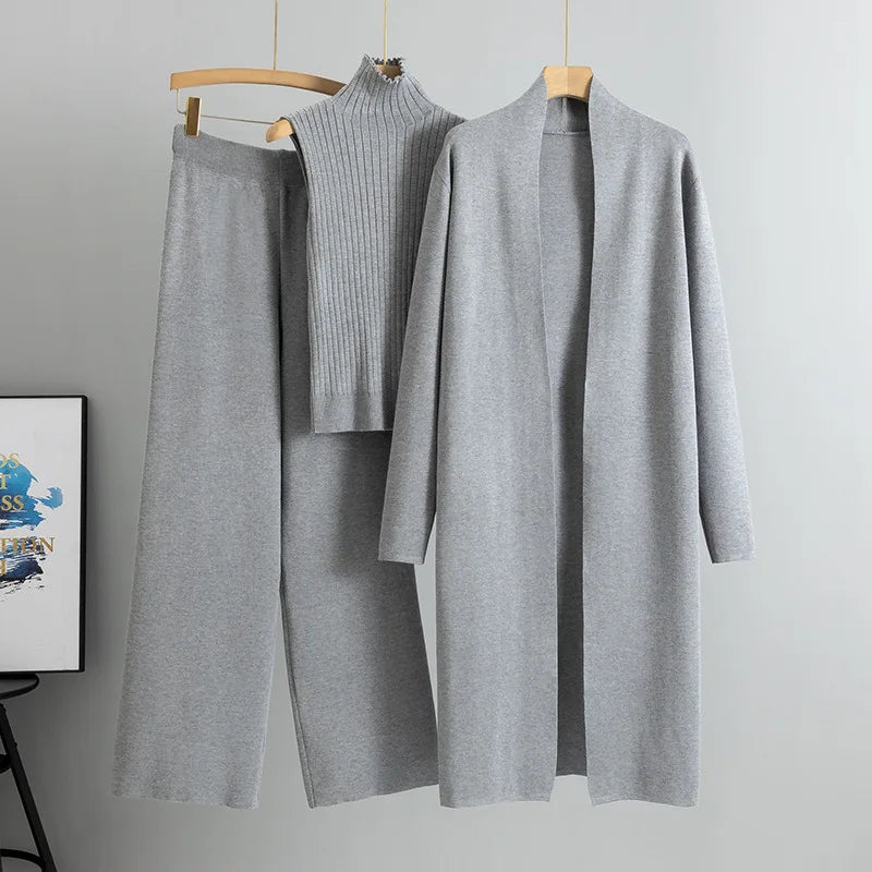 Vintage Fashion Ladies 3-Piece Set Long Cardigan Knitted Pant Ladies Sweater Suit-Casual Spring Autumn Styles