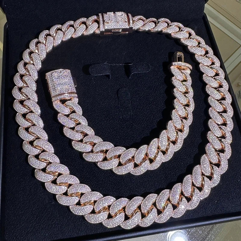 AAA Gems Silver Necklace 18mm 20mm Silver 10k/14k/18K Gold Plating Moissanite 4 Rows Prong Iced Out VVS Miami Cuban Link Chain