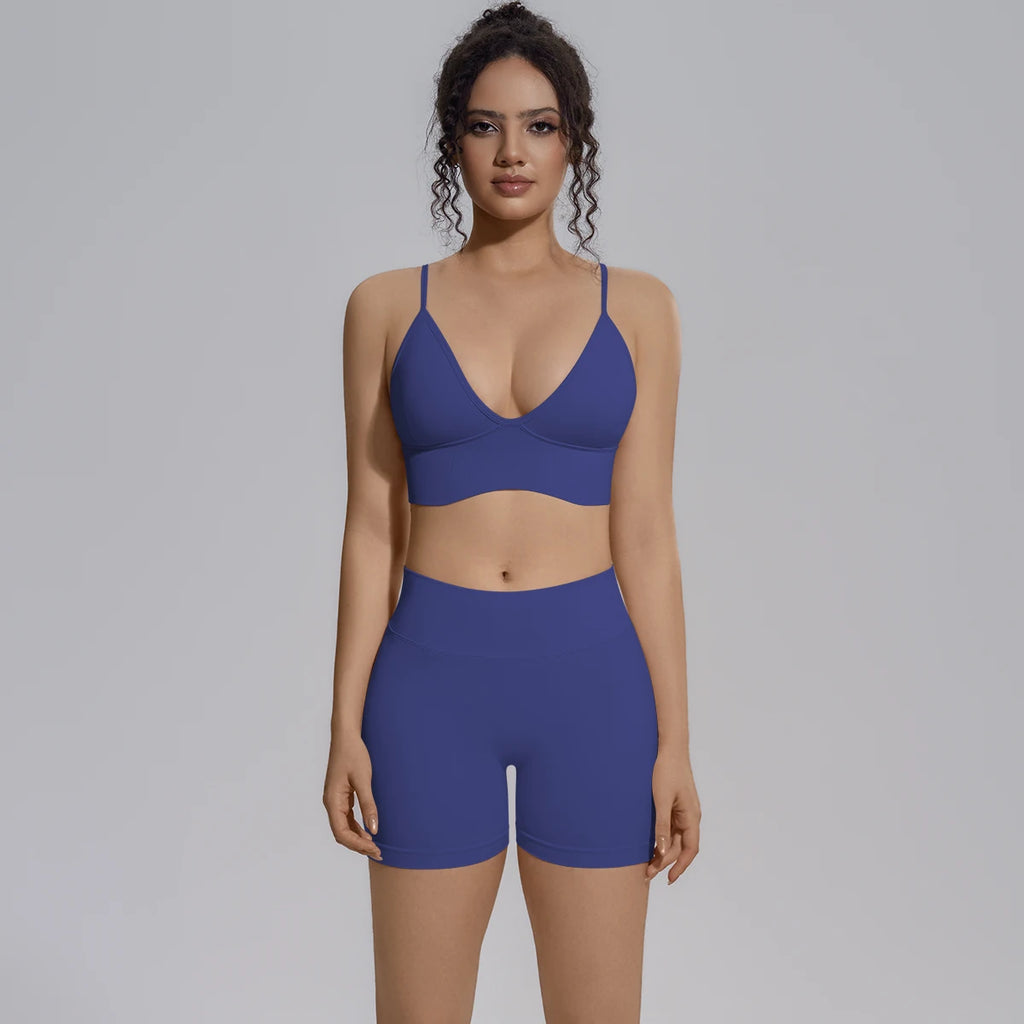 New Summer Sexy Naked Feeling Yoga Shorts Set Women 2 Piece Sport Bra Biker Shorts Workout Gym Activewear