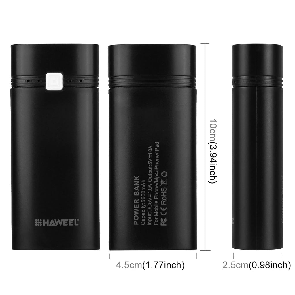 Factory Direct Sale HAWEEL DIY 2x 18650 Battery (Not Included) 5600mAh Power Bank Shell Box with USB Output & Indicator(Black)