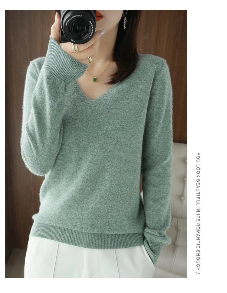 Women's Sweater 2025 Autumn Winter Knitted Pullovers V-neck Slim Fit Bottoming Shirt Solid Soft Knitwear Jumpers Basic Sweaters
