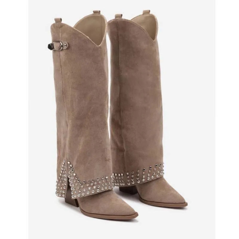Designer Luxury Women's Over-the-Knee & Knee-High Western Snow Boots Thick Heel Rhinestone Decorated High Fashion Winter Shoes