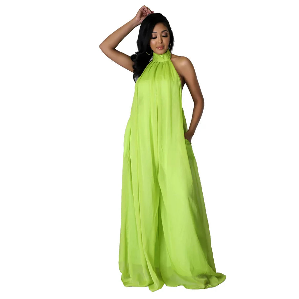 Women Fashion New Loose Sleeveless Solid Color Halter Sexy Backless Wide Leg Long Pants Lady Siamese Trousers Casual Jumpsuit