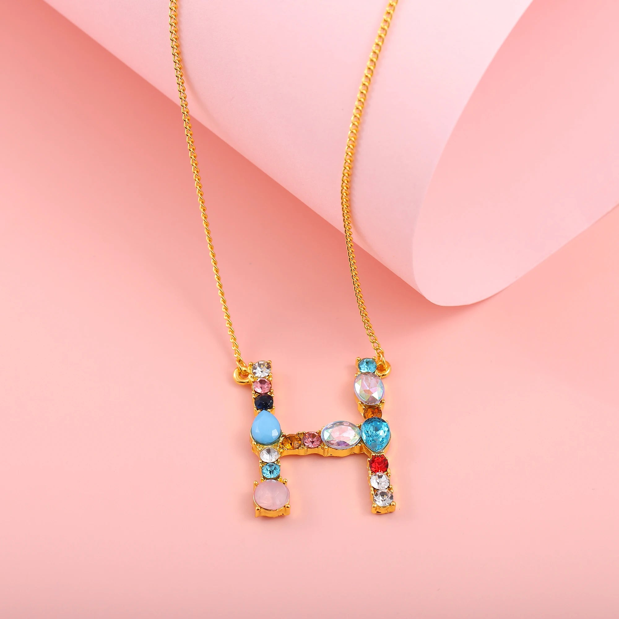 Hainon Fashion Initial 26 Letter Necklace Colored Zircon Necklace Electroplated Gold Sweater Chain