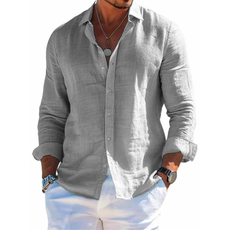 Summer Men's Solid Fashion Versatile Shirt Beach Shirts Men Long Sleeved Cardigan Tops Turn Down Collar Slim Fit