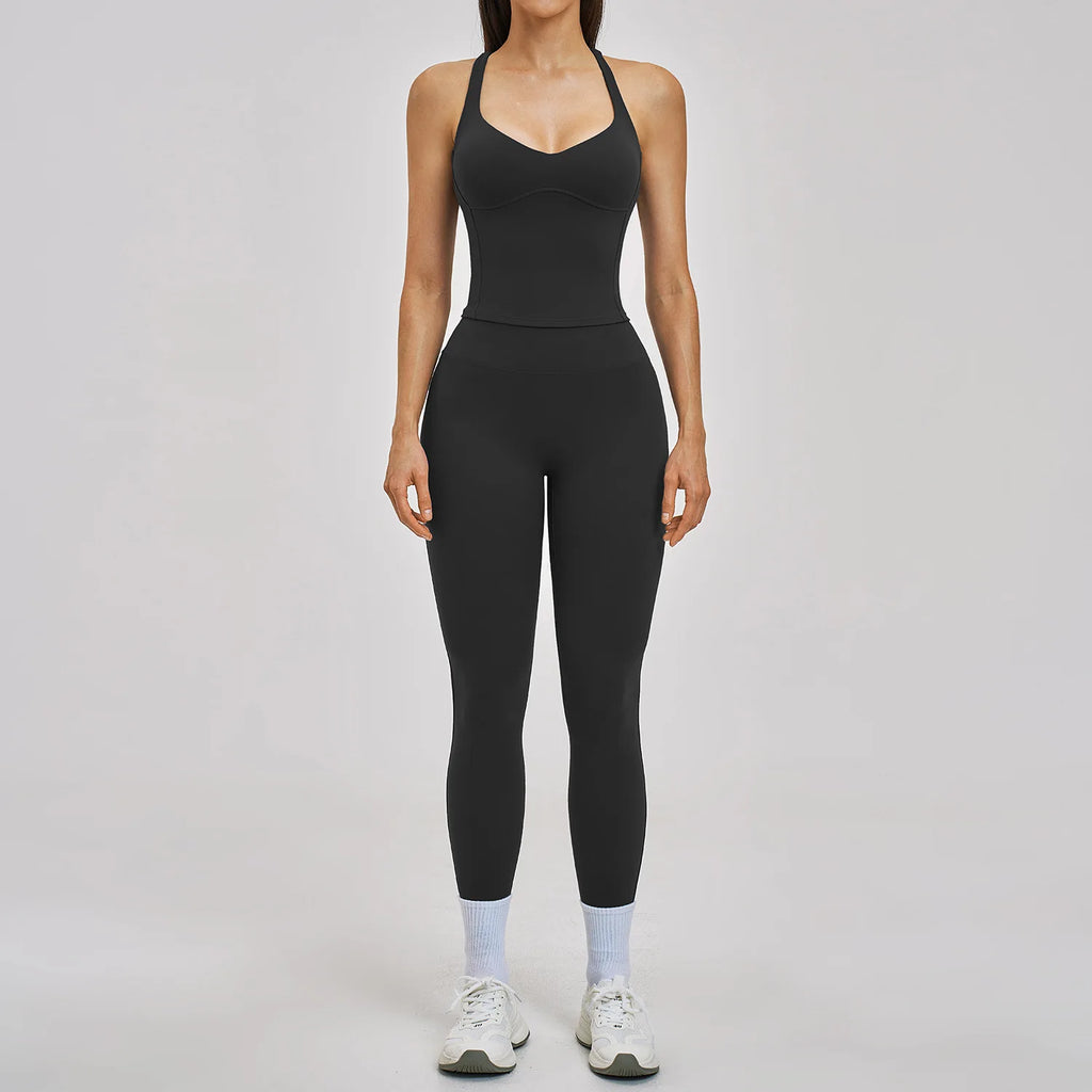 Women's Summer Athletic Wear Set Crisscross Back Fitness Tank Top and Leggings Workout Clothing Yoga Sets
