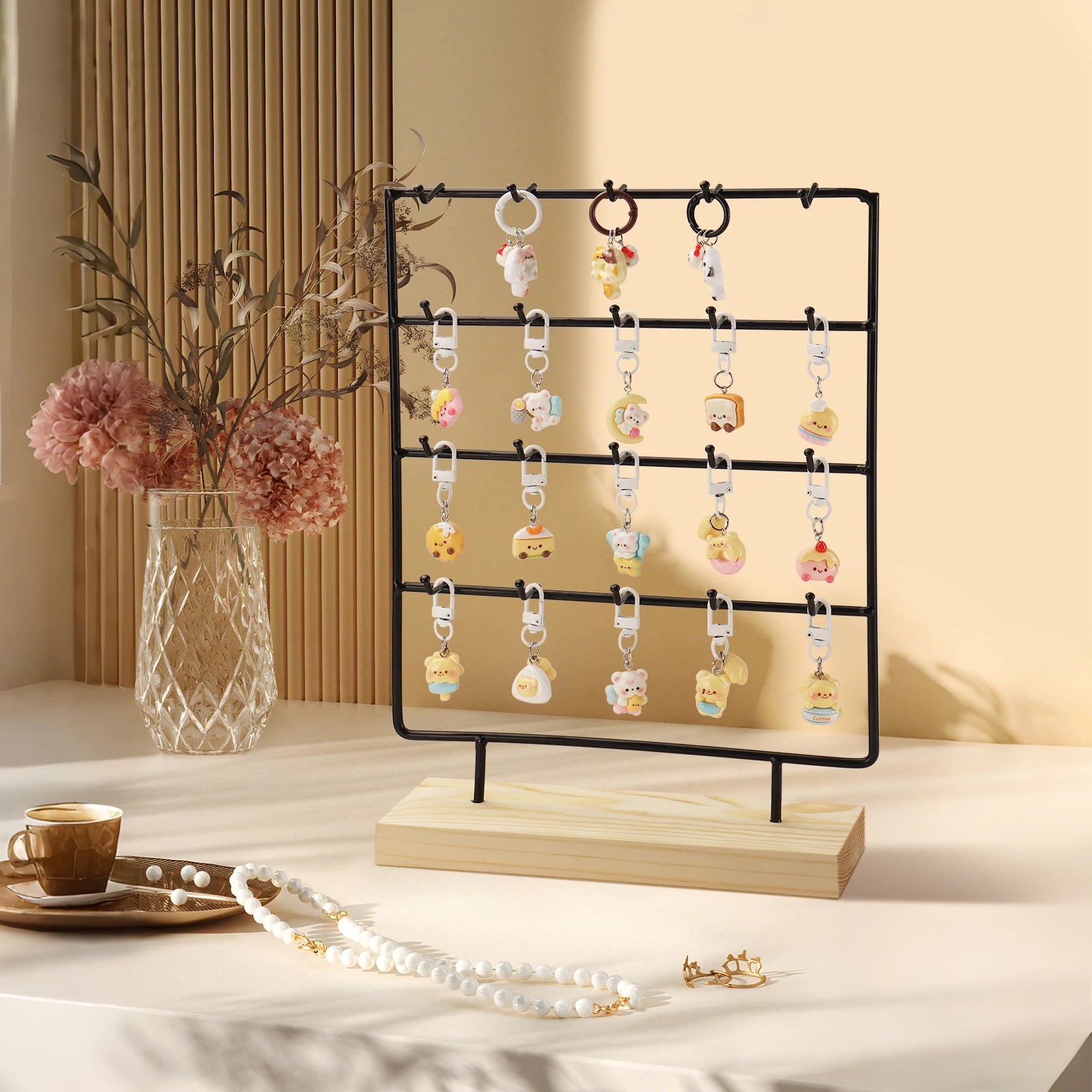 4 Tier 20 Hooks Earring Display Stands Jewelry Display Wooden Base Earring Holder Organizer for Necklaces Rings Bracelets Black