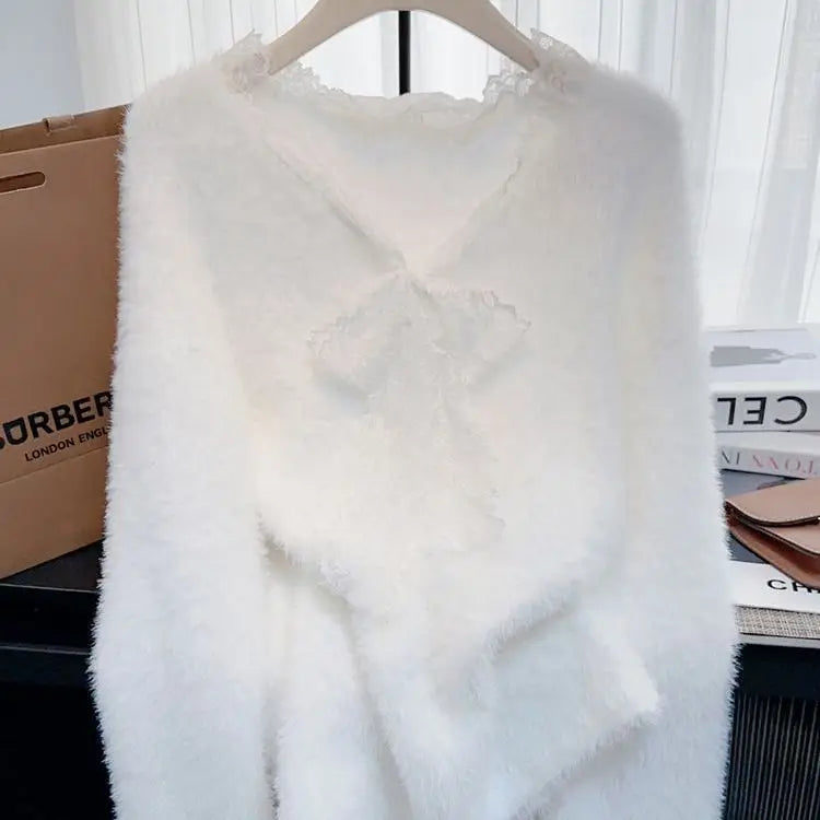 Ladies Casual V Neck Long Sleeve Mohair Lace Sweater Front Logo Patchwork Design Loose Fit