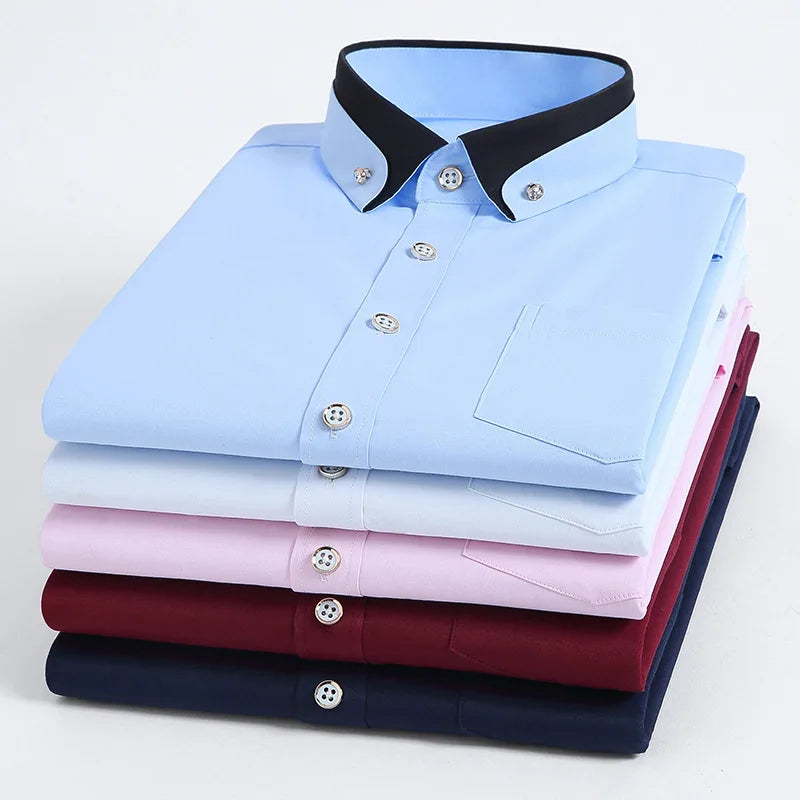 2025 New Men's Contrast Collar Elastic Long Sleeve Shirt Business Casual Comfortable Non-Ironing Shirt