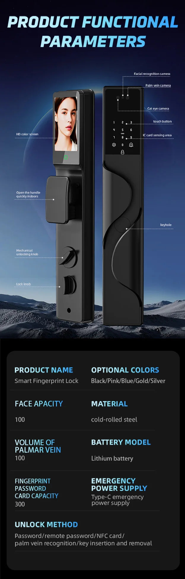 2026 Tuya Wifi Palm Face Recognition Smart Lock Video Monitoring Intercom Smart Door Lock Compatible with Israeli Mortise