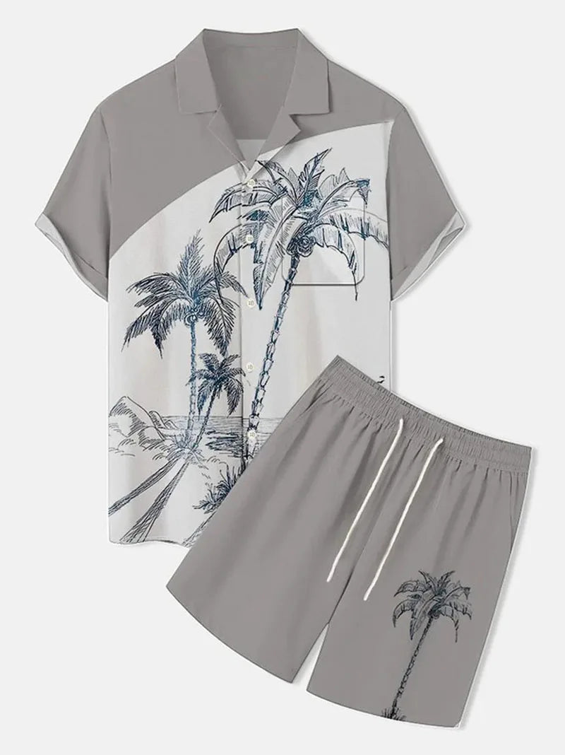 New Men Sets Print Patchwork Lapel Short Sleeve Casual Shirt Beach Shorts Summer Men Streetwear Vacation Hawaiian Suits