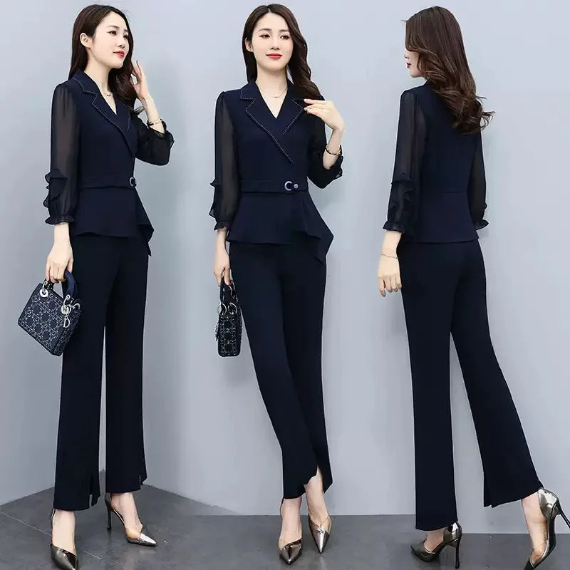 YiXin 2 Piece Set Women Spring 2023 Oversized Casual Fashion Elegant Top Blouse Wide Leg Pants Two Piece Set Women Clothing