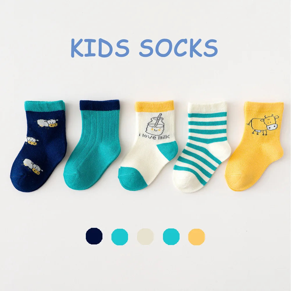 5 Pairs/Lot Toddler Socks Newborn Baby Soft Prewalker Spring Cotton Girl Kids Autumn Infant Cartoon Striped Print Sock 0-12Y