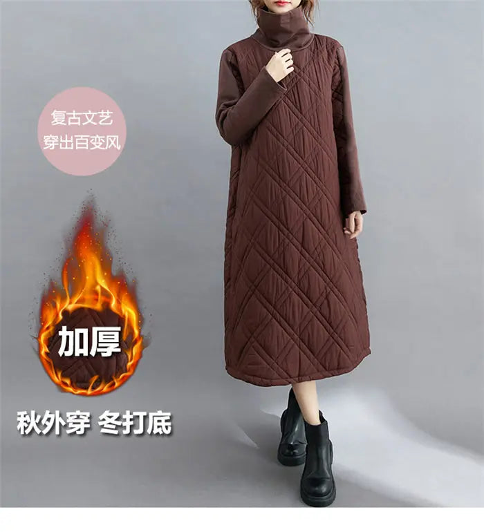 Retro Quilted Diamond Dress Thick Stitching Warm Autumn Winter Clothing New Women's High-Neck Casual Long Tunic y750