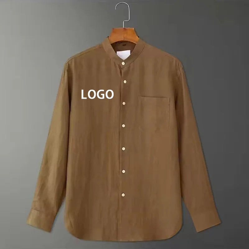 Premium Material Custom logo Comfortable Solid Color Daily Commute Breathable Casual Men's Stand Collar Long Sleeve Shirt