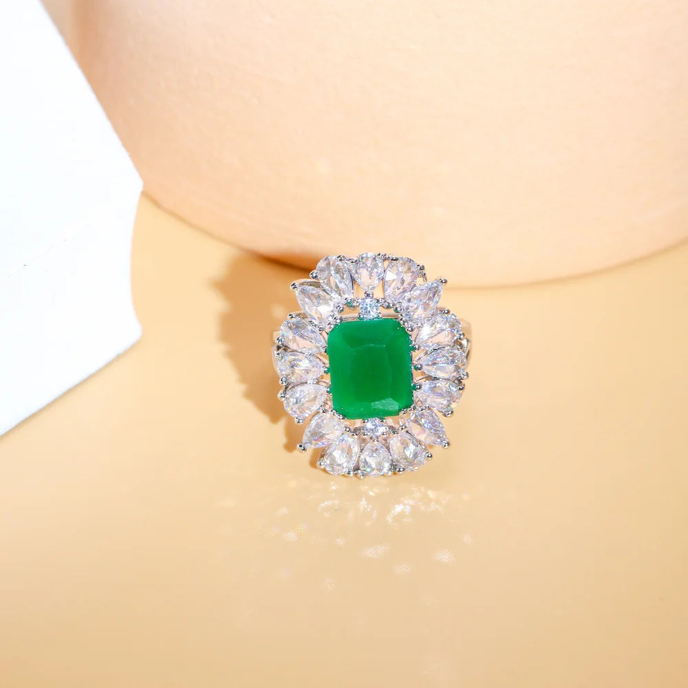 Exquisite Bling Red Cubic Zirconia Luxury Engagement Party Jewelry Big Sun Flower Finger Open Cuff Rings for Women