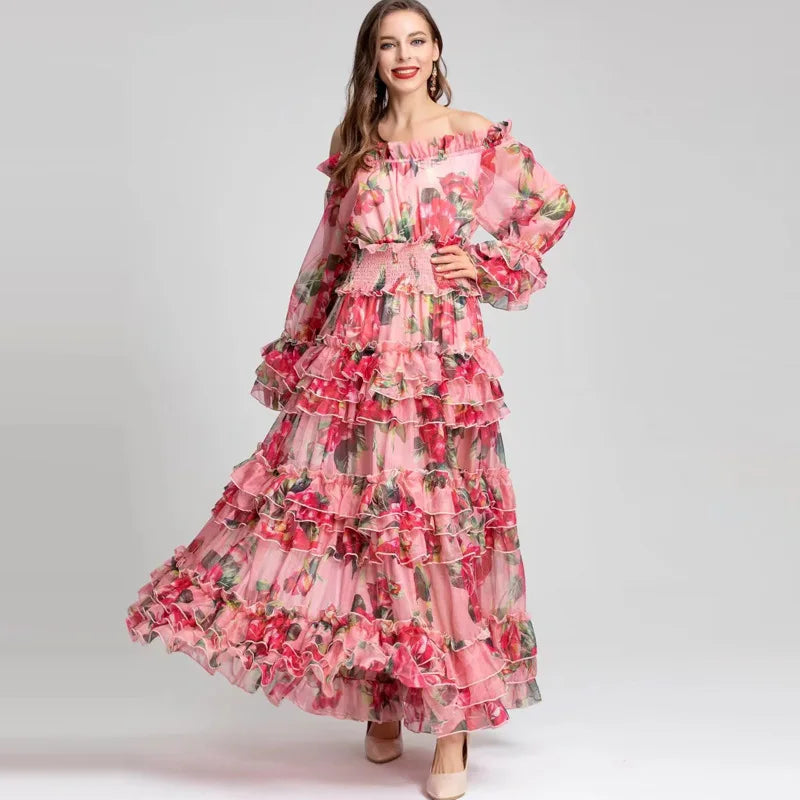 XXL Long Dress 2025 Spring Fashion Women Sexy Slash Neck Red Floral Green Leaves Print Flare Sleeve Casual Bohemia Maxi Dress