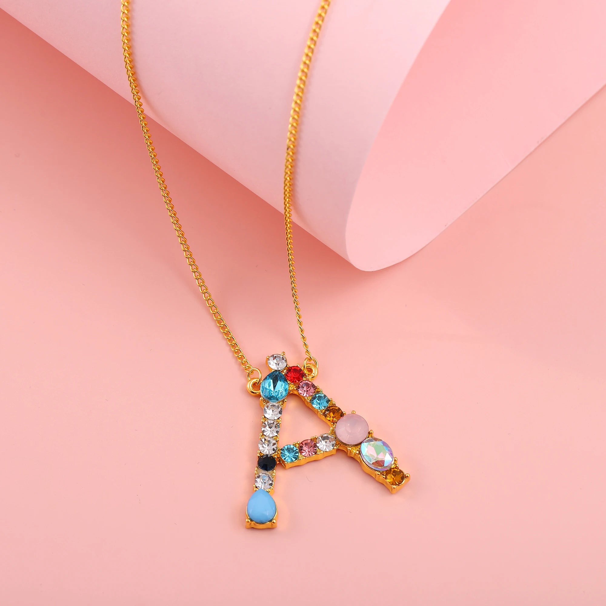Hainon Fashion Initial 26 Letter Necklace Colored Zircon Necklace Electroplated Gold Sweater Chain