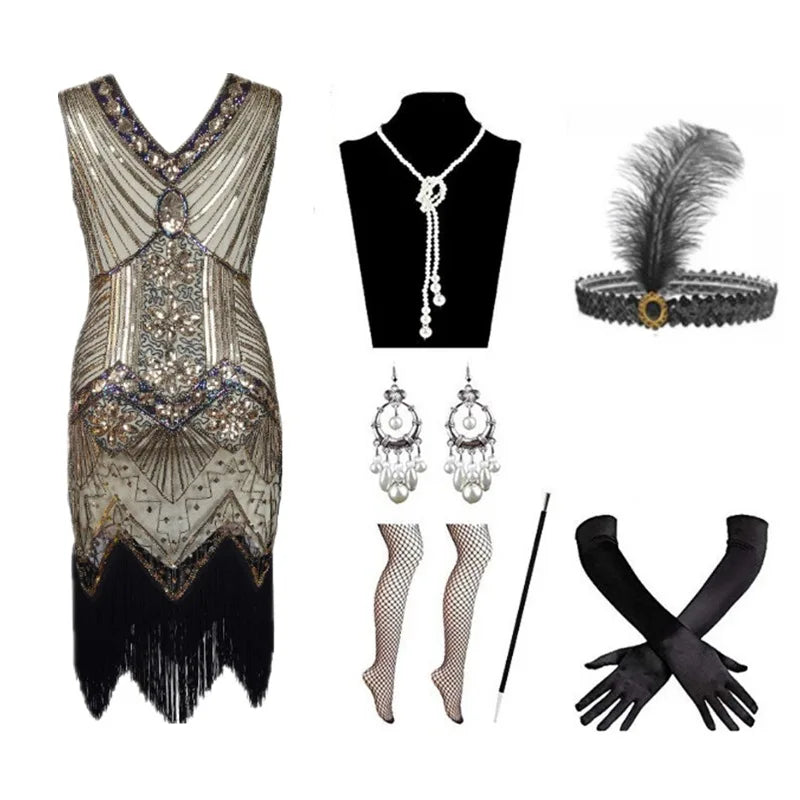 Halloween Cosplay Dress for Women 1920s Vintage Flapper Long Fringe Beaded Gatsby Party Dress With 20s Accessories Set