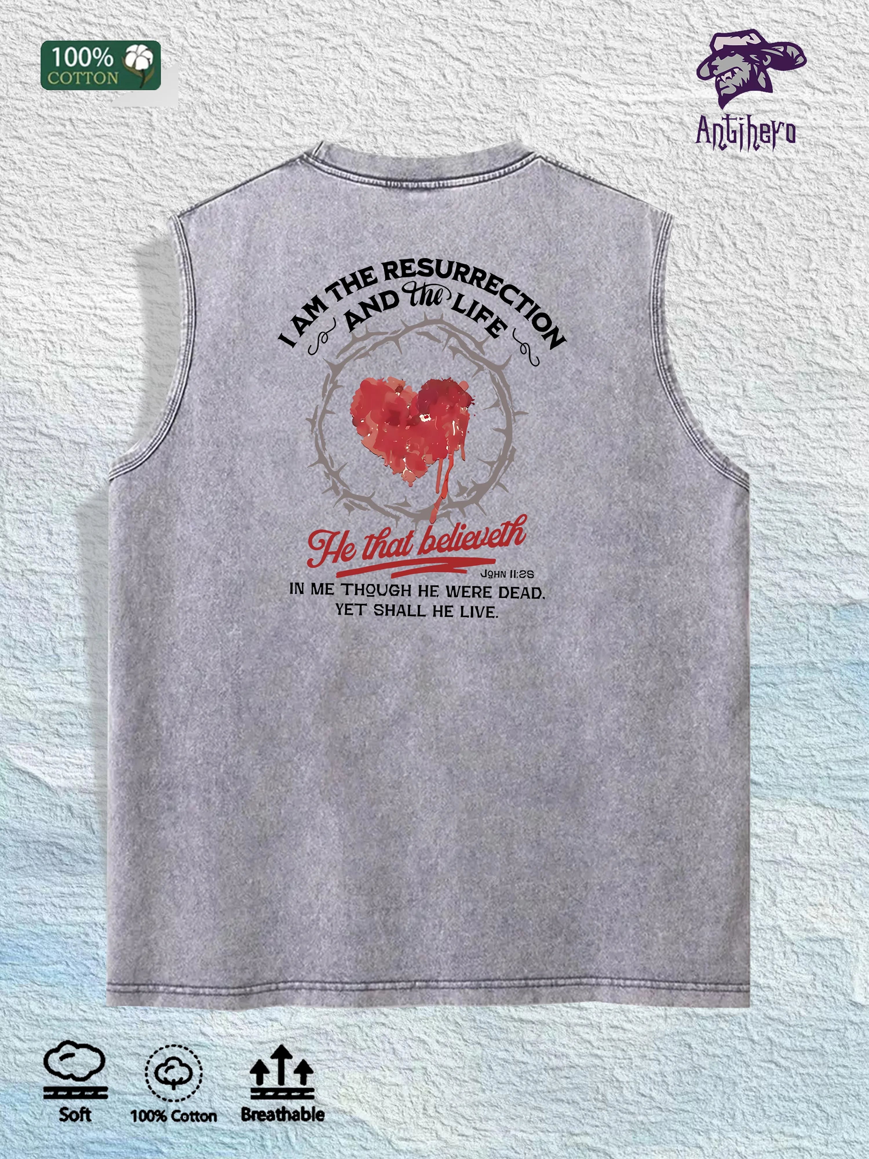 Religious Heart - Printed Washed Vest US Local Warehouse 3 Colors Cotton Breathable Trendy Top