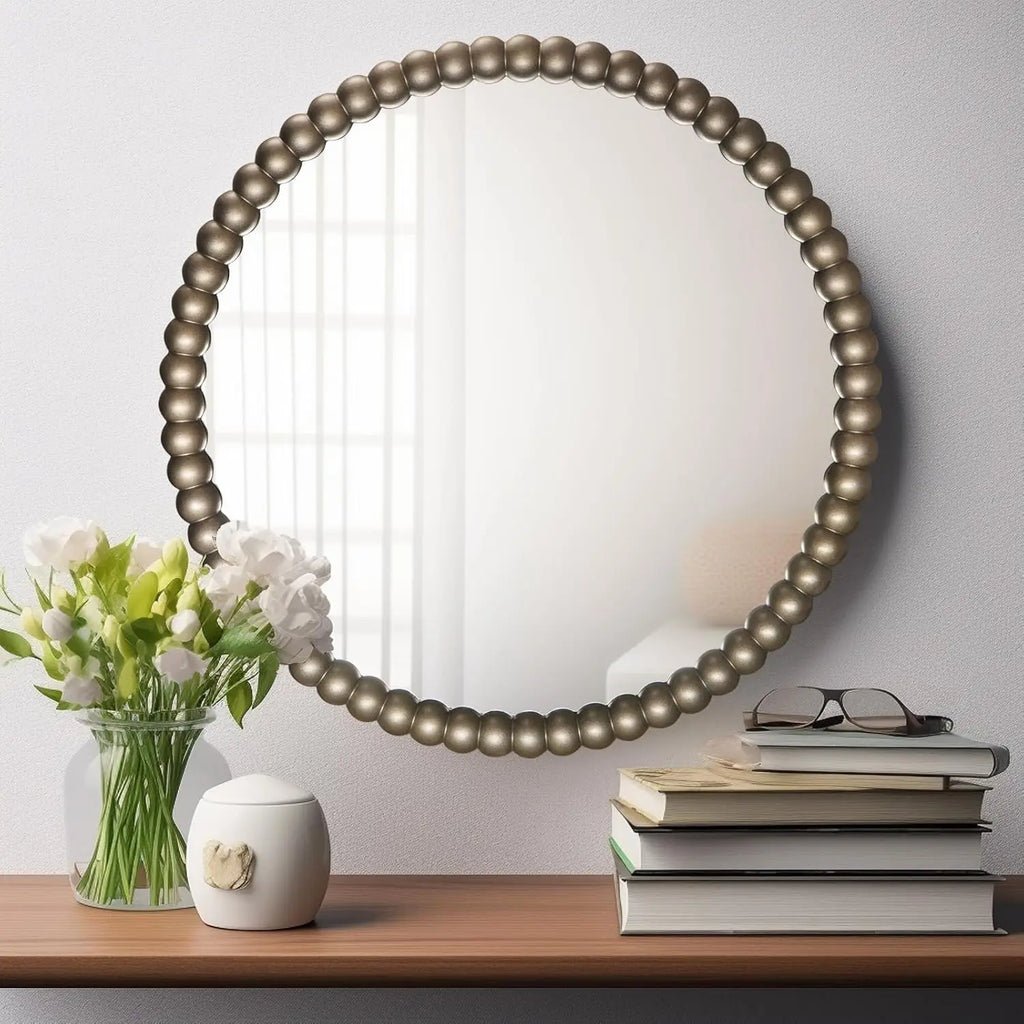 WallBeyond 1-Piece 28-Inch Round Wood Silver Bead Mirror Retro Style Framed Wall Mount Decor for Home Entryway Living