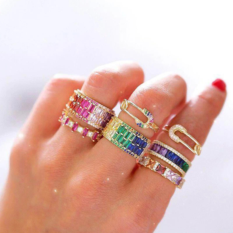 Promotion New Rainbow Rings Cubic Zircon CZ Bohemia Gradient Colorful Shinny Rings for Women Bague Jewelry