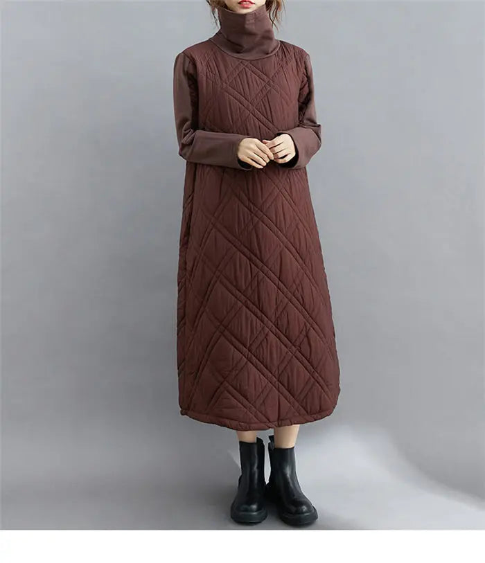 Retro Quilted Diamond Dress Thick Stitching Warm Autumn Winter Clothing New Women's High-Neck Casual Long Tunic y750